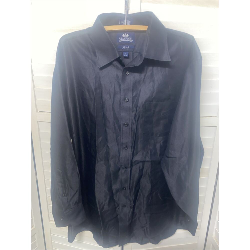 Stafford Men's 18 34-35 Shirt Solid Black Broadcloth Button Up LS Wrinkle Free